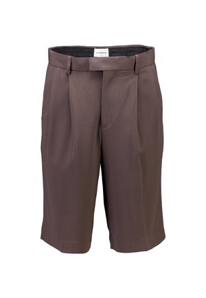 Pantaloncini marroni plissettati realizzati in tessuto leggero, caratterizzati da un design classico e una vita con passanti per cintura. Nessuna tasca visibile.