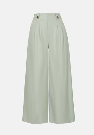 Light green wide-leg trousers with pleats, high waistband, and two button accents. Made of smooth fabric with a clean finish.