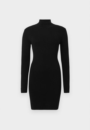 Vestido negro de manga larga con silueta ajustada y cuello alto, confeccionado con un tejido texturizado que ofrece un aspecto liso y elegante.