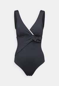 Black one-piece swimsuit with a deep V-neck, wrap design, white accent trim, and side knot detail. Crafted from smooth, stretchy material.