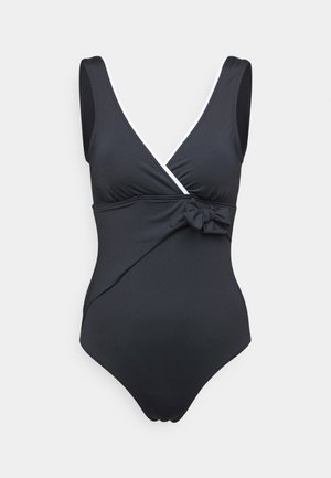 Black one-piece swimsuit with a deep V-neck, wrap design, white accent trim, and side knot detail. Crafted from smooth, stretchy material.