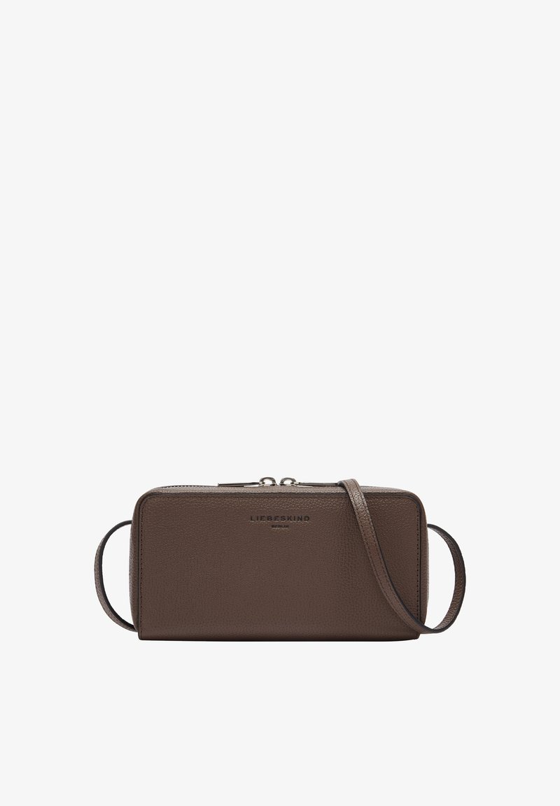 Brown leather crossbody bag with a smooth texture, rectangular shape, zip closure, and an adjustable strap. Logo embossed on the front.
