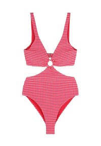 Rode geruite badpak met een diepe V-hals, uitsnede in de taille met een ronde accenten en contrasterende rode voering.