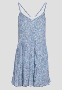 Robe fleurie bleue à bretelles spaghetti, avec une jupe plissée et un tissu doux et léger présentant un motif texturé de petites fleurs.