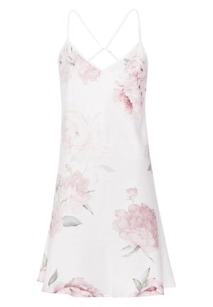 Biała sukienka na ramiączkach z kwiatowym wzorem, ozdobiona pastelowymi różowymi piwoniami, z regulowanymi ramiączkami i swobodnym krojem oraz lekko rozszerzanym dołem.