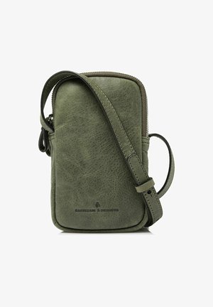 Olivgrüne Leder-Crossbody-Tasche mit Reißverschluss, verstellbarem Tragegurt, glatter Textur und dezentem Logodetail auf der Vorderseite.