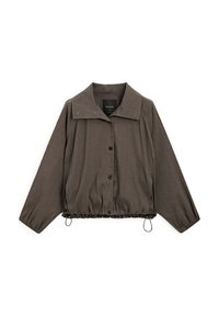 Giacca corta marrone scuro con un ampio collo, bottoni sul davanti, fondo elastico e coulisse regolabile all'orlo. Tessuto liscio.
