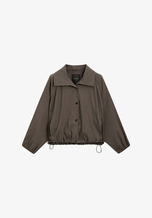 Dark brown cropped jacket with a large collar, buttons down the front, elastic bottom, and adjustable drawstring at the hem. Smooth texture.