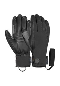 Schwarze Handschuhe aus Leder und Textil. Mit touch-kompatiblen Fingerspitzen, verstellbarem Handgelenkband und verstärktem Handflächenbereich.