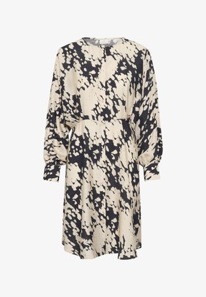 Rochie cu nasturi în crem și bleumarin, având un model abstract, mâneci lungi și o croială lejeră cu talie strânsă pentru a oferi formă.