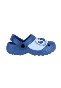 Blue and light blue children's clogs with a smiling face design, made of lightweight plastic, featuring a back strap for secure fit.