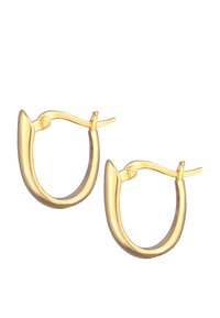 Boucles d'oreilles en or en forme de créole, avec un design lisse et arrondi. Elles présentent une fermeture à charnière et une finition polie. Taille moyenne, sans embellissements supplémentaires.