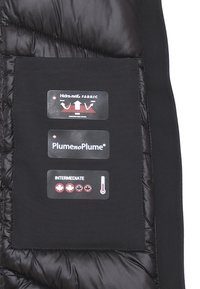 Interno di un giubbino nero imbottito che mostra le etichette di cura. Le etichette specificano i materiali: tessuto Hidra-neK, Plume no Plume e indicatori di livello di calore.