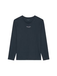 T-shirt a maniche lunghe navy realizzato in morbido cotone. Presenta un collo a giro e un logo in bianco centrato sul petto. Texture liscia e uniforme.