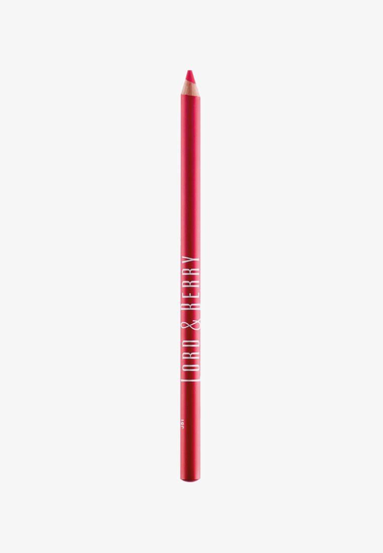Crayon contour à lèvres rouge avec une pointe effilée ; design élégant avec du texte blanc "Lord & Berry" sur le corps ; finition mate.