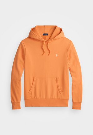 Orange cotton hoodie with a front pocket, adjustable drawstrings, and a small white logo on the chest. Smooth texture, casual design.