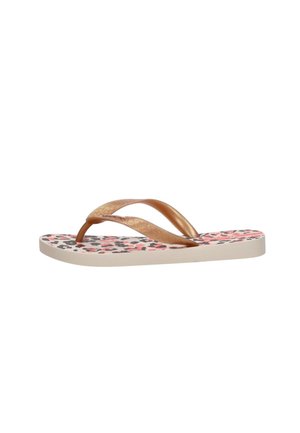 Flip-flopsandaal met metalen bronzen bandjes en een beige zool met een roze en zwarte luipaardprint.