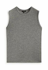 Graues ärmelloses Oberteil mit rundem Ausschnitt, aus einem weichen, strukturierten Stoff gefertigt, mit einem einfachen, unverschönerten Design.