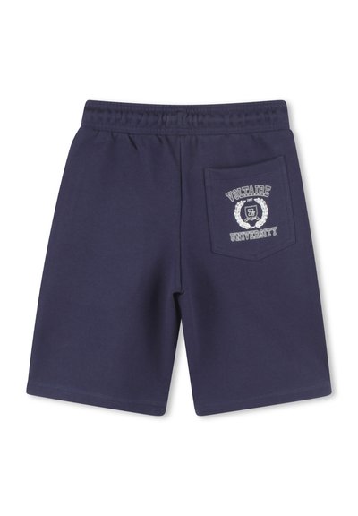 Shorts en coton bleu marine avec taille élastique. Dotés d'une poche arrière avec le logo "Université Voltaire" et une broderie décorative.