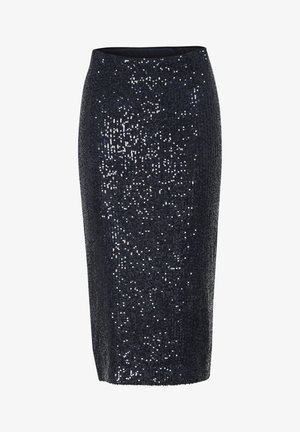 Falda lápiz de media longitud en tejido azul marino oscuro, adornada con lentejuelas plateadas, con una cinturilla suave y una silueta ajustada.