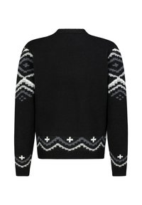 Zwarte trui met textuurgebreide stof, met geometrische patronen in grijs en wit op de mouwen en de zoom. Ronde hals, zachte stof.