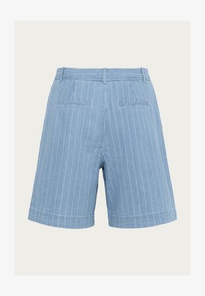 Heledad helesinise triibulise mustriga lühikesed püksid, otsekärpimisega, kahe tagataskuga ja üles keeratud äärega. Valmistatud pehmest, tekstureeritud kangast.