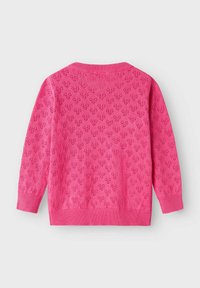 Rozā adīta džempera ar teksturēta sirds motīvu, ar garām piedurknēm un ribotu apkakli un aprocēm. Aizmugures skats atklāj sarežģītu detalizāciju.