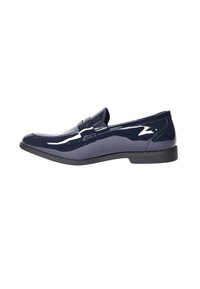 Mocassini in pelle lucida blu navy con finitura liscia, punta arrotondata e suola piatta in gomma. Presentano un dettaglio cucito e un design slip-on.