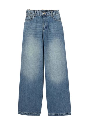 Jeans en denim bleu clair à jambes larges, avec une taille haute, un design à cinq poches et un léger délavage aux cuisses et aux genoux.