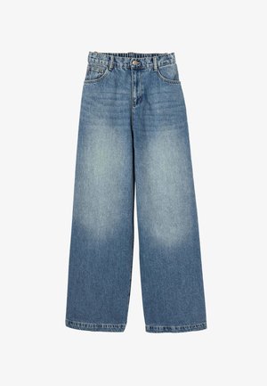 Jeans en denim bleu clair à jambes larges, avec une taille haute, un design à cinq poches et un léger délavage aux cuisses et aux genoux.
