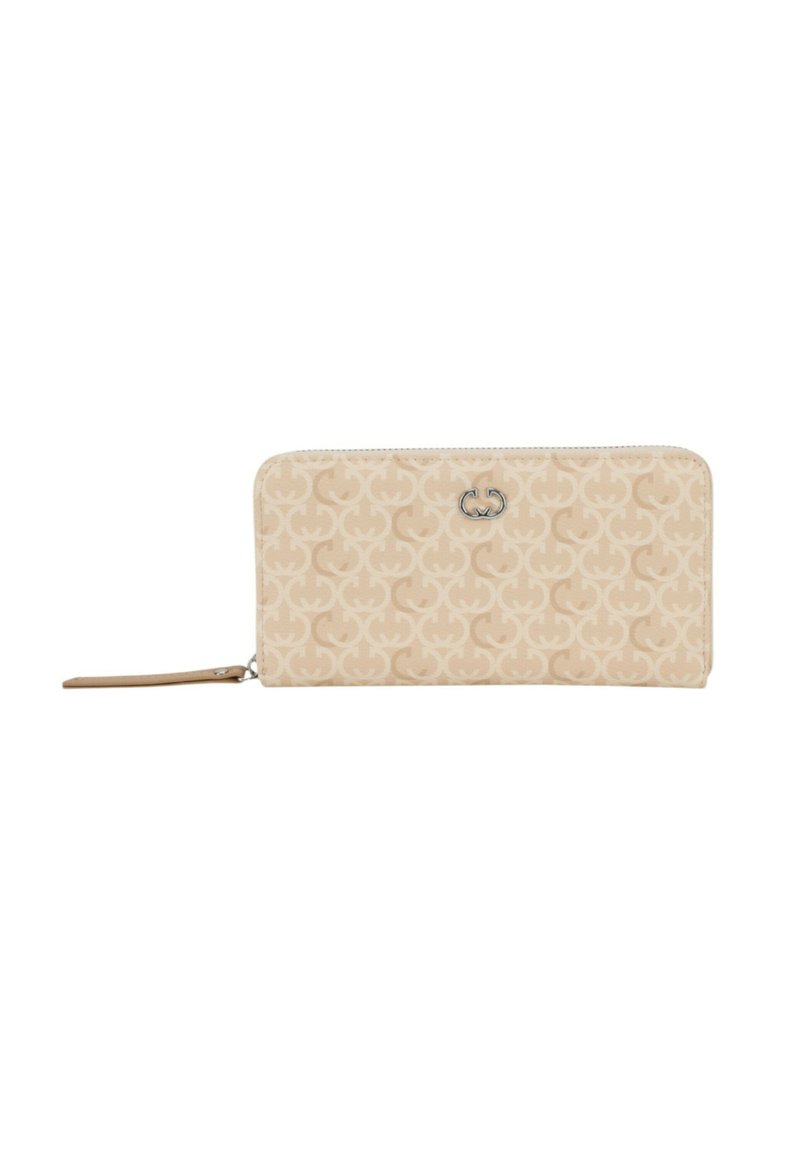 Beige wallet with a geometric pattern, zip closure, and a wrist strap, featuring a silver logo on the front. Smooth texture.