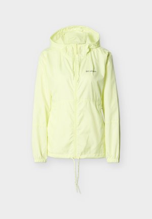 Ανοιχτό κίτρινο αδιάβροχο μπουφάν Columbia με κουκούλα, εμπρόσθιο φερμουάρ και ρυθμιζόμενα κορδόνια στη μέση και στο κάτω μέρος.