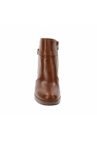 Bottines en cuir marron avec texture lisse, talon droit, fermeture éclair sur le côté et sangle à boucle réglable. Design simple et bout arrondi classique.