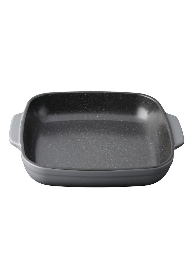 Graues rechteckiges Backblech mit glatter, antihaftbeschichteter Oberfläche. Verfügt über abgerundete Kanten und zwei seitliche Griffe für eine einfache Handhabung.