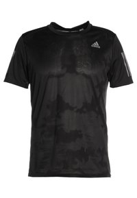 Czarna sportowa koszulka z subtelnym wzorem, wykonana z lekkiego materiału. Posiada krótkie rękawy i trzy szare paski na każdym ramieniu.