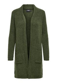 Olijfgroene gebreide cardigan met een open voorkant, lange mouwen en twee voorzakken. Ribbelstructuur door de hele stof.