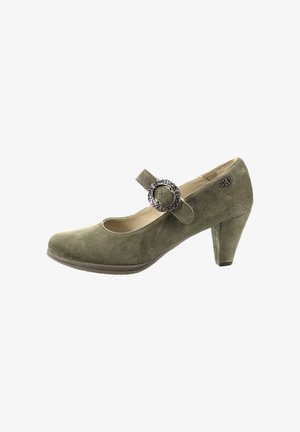 Olivgrüner Wildleder Mary Jane Schuh mit abgerundeter Zehenpartie, dekorativem silbernem Schnallenriemen und mittelhohem klobigem Absatz.