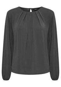 Mørkegrå langermet bluse med rund hals, frontfold detaljer og elastiske mansjetter. Glatt tekstur, uformell design med nøkkelhull bak.