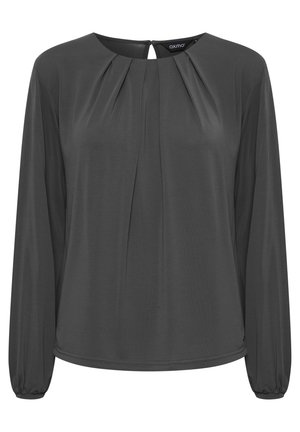 Dunkelgraue Bluse mit langen Ärmeln und Rundhalsausschnitt, mit Falten vorne und elastischen Bündchen. Glatte Textur, lässiges Design mit einem Schlitz hinten.