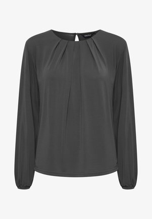 Mørkegrå langermet bluse med rund hals, frontfold detaljer og elastiske mansjetter. Glatt tekstur, uformell design med nøkkelhull bak.