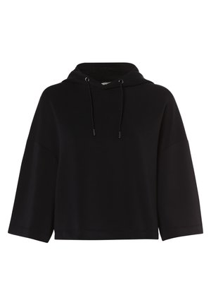 Czarna krótka bluza z kapturem o rękawach do łokcia i sznurkiem do regulacji kaptura, pokazana na białym tle.