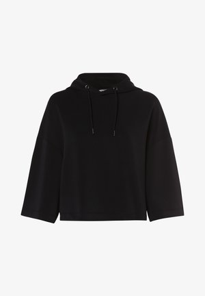 Zwarte cropped hoodie met driekwartmouwen en trekkoordkap, getoond tegen een witte achtergrond.