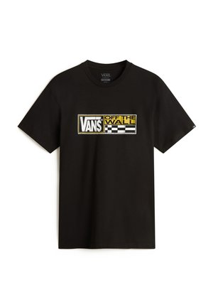 Schwarzes Baumwoll-T-Shirt mit Frontgrafik, auf der "VANS" in Weiß und "OFF THE WALL" in Gelb zu sehen ist, umgeben von einem karierten Muster. Kurze Ärmel.