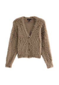 Cardigan marron pelucheux avec décolleté en V, manches longues et quatre boutons à l'avant sur un fond blanc.