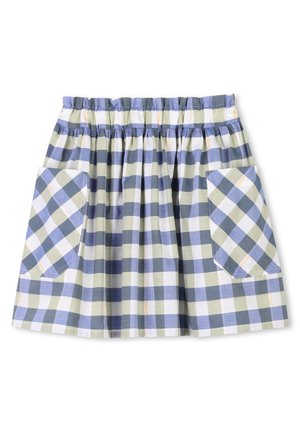 Checkered skirt featuring green, blue, and white patterns, with an elastic waistband and two large side pockets. Made of lightweight fabric.