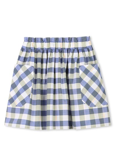 Jupe à carreaux avec des motifs verts, bleus et blancs, dotée d'une taille élastique et de deux grandes poches latérales. Fait en tissu léger.