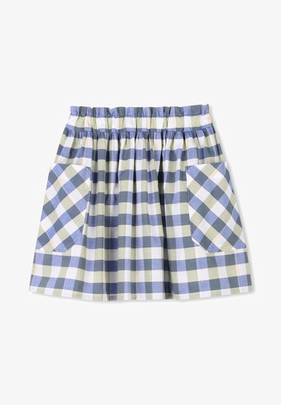Jupe à carreaux avec des motifs verts, bleus et blancs, dotée d'une taille élastique et de deux grandes poches latérales. Fait en tissu léger.