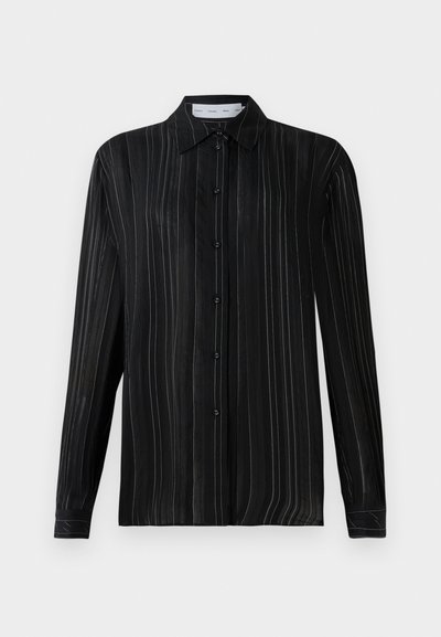 Black long-sleeve button-up shirt with fine white vertical pinstripes and a classic collar, displayed on a plain white background.