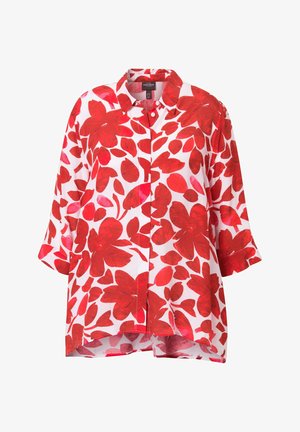 Czerwona i biała koszula z krótkim rękawem w kwiatowy wzór, charakteryzująca się luźnym krojem, dużymi wzorami liści oraz klasycznym kołnierzykiem.