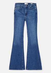 Siniset farkut, joissa on leveät lahkeet ja keskikokoinen pesu, etupocketsit ja napitus. Ne ovat sileäpintaiset ja istuvat hyvin vyötärölle.